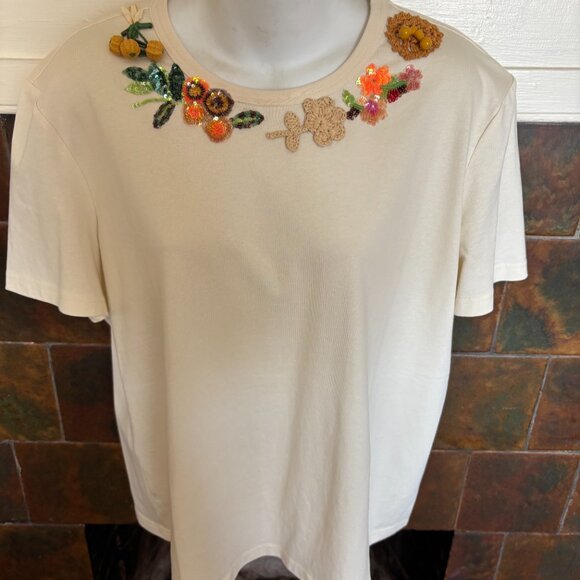 Tory Burch embellished cotton t-shirt in new ivory size Large - Picture 2 of 6